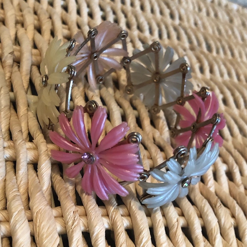 60's Plastic Floral Bracelet - Adjustable Bangle - Floral Headband - Jewelry